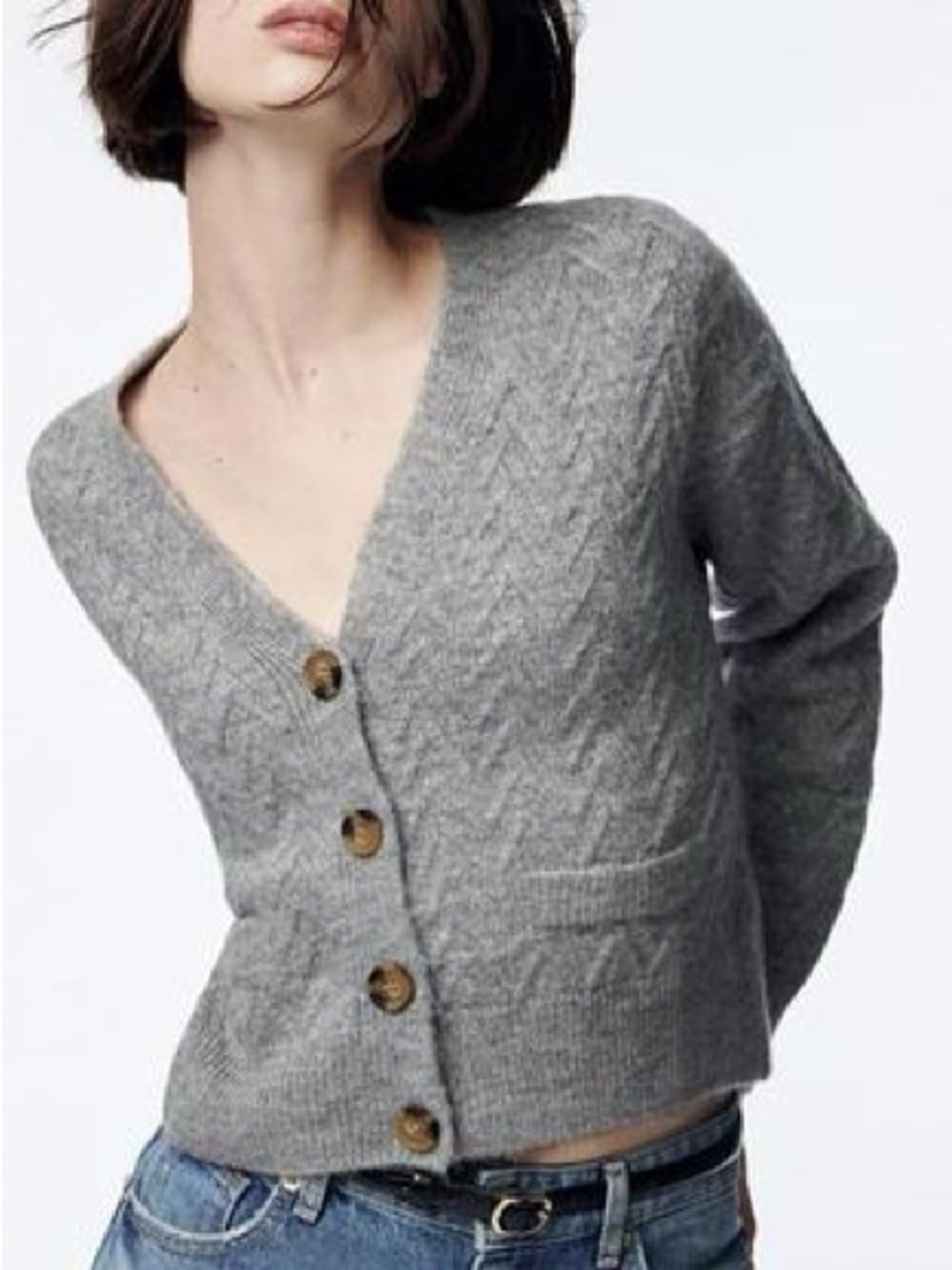 Zara | Light Gray Chevron V‑Neck Button Up Cardigan Sweater Size Small